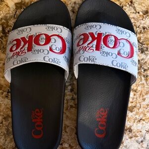Coke Logo Slide Sandals in Black & White with Red Accents